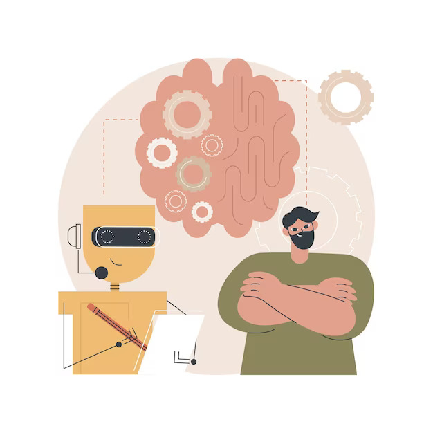 Illustration of a robot and a man with a brain and  gears in the background, representing Pibit.ai's  streamlined submission and underwriting  processes.